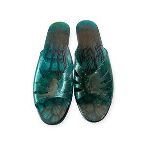 Vintage 60s Jelly Slide Sandals – Size 7, Green Plastic Wedge Heels made in USA